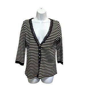 Chico's Black & White Striped Lace Trim Button-Front Cardigan Top Size M
